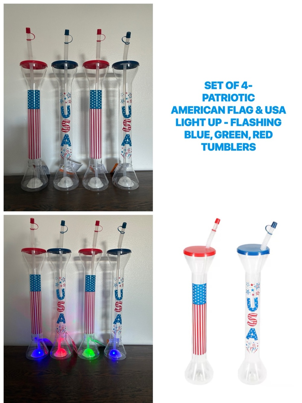 NWT- Set of 4- Patriotic- American Flag & USA Tall Light Up Tumblers w/ Straws